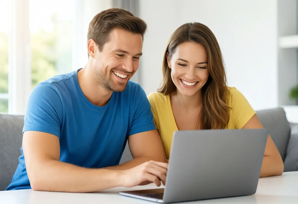 Paar prüft gemeinsam die Netto-Vorteile am Laptop
